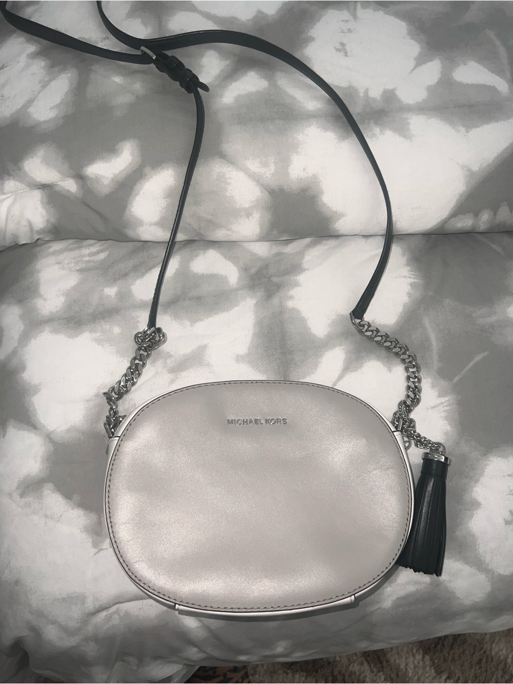 Michael Kors Silver Oval Leather Crossbody with Tassel